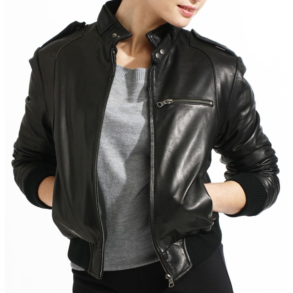 Bomber Jacket In Lambskin Leather In Short Stand Collar
